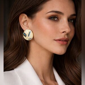 Vintage Samuel Huang Signed Enamel Earrings Cream Blue Gold Tone Geometric 80s